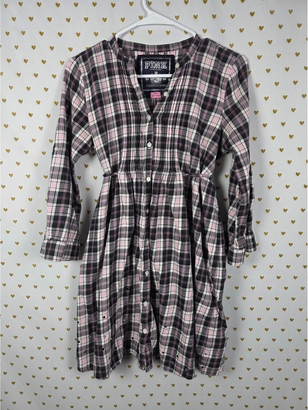Victoria's Secret PINK Plaid Flannel Shirt Dress Rhinestone Hem Tie Waist M